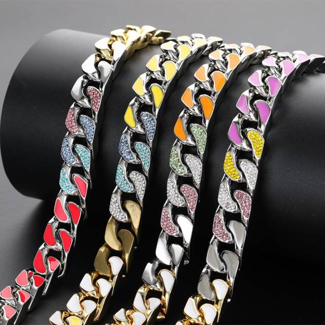 Hiphop rhinestone setting colored stainless steel cuban necklace for men