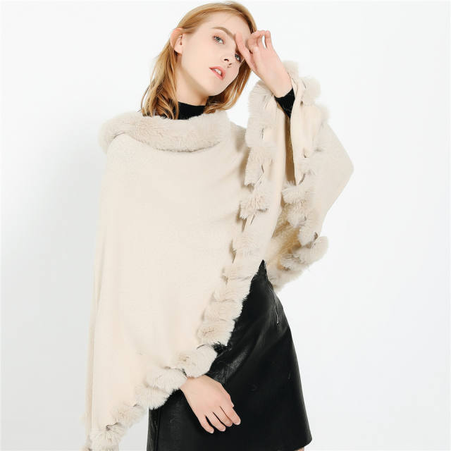 Winter design plain color fuzzy ball faux cashmere Shawl