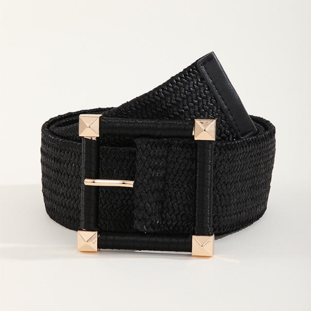 Vintage straw square buckle belt for women