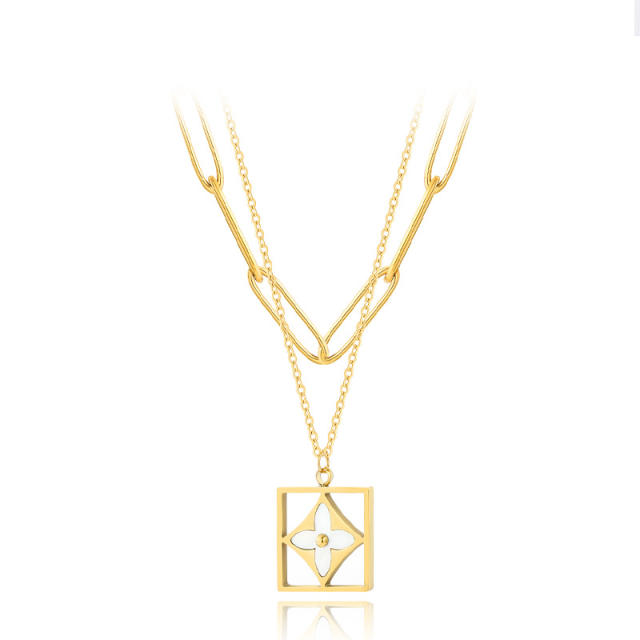Square four-leaf clover double-layer necklace