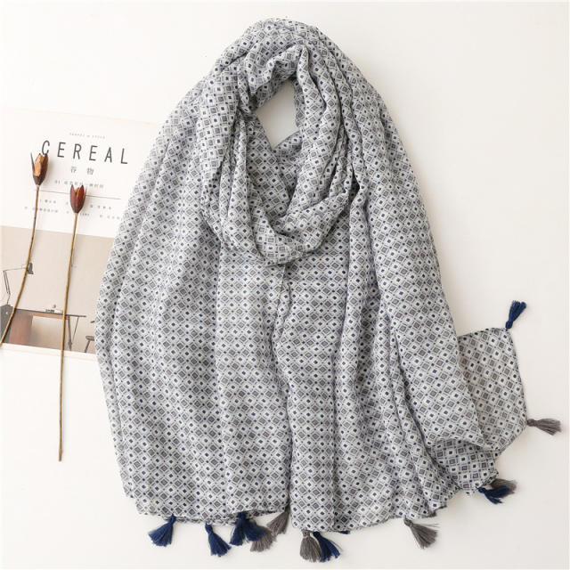 New blue color gray small square printed yarn scarf