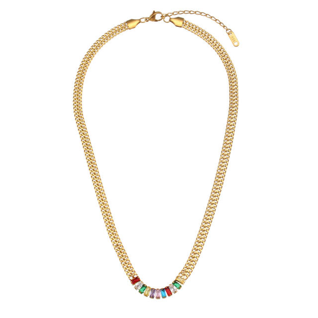 INS vintage stainless steel chain color cubic zircon necklace bracelet
