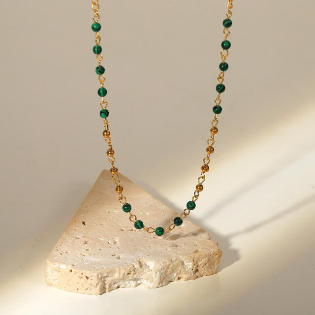 INS malachite beads stainless steel chain necklace