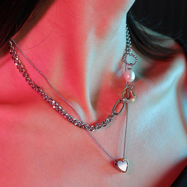 Stainless steel water pearl two layer heart necklace