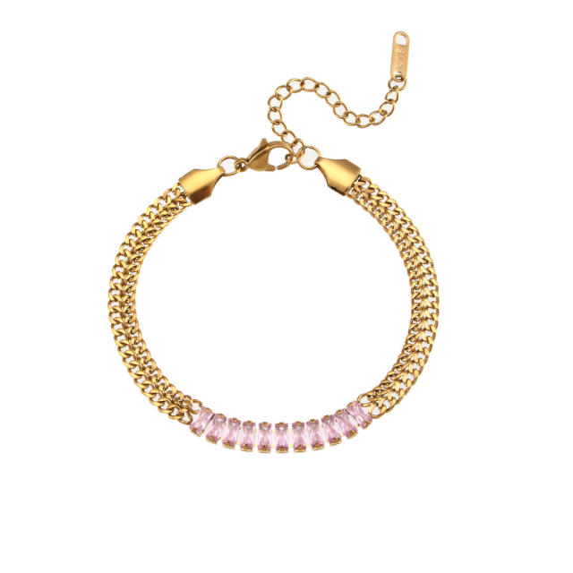 INS vintage stainless steel chain color cubic zircon necklace bracelet