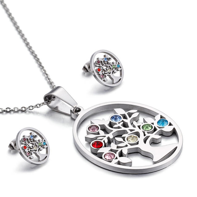 Color diamond life tree stainless steel necklace set