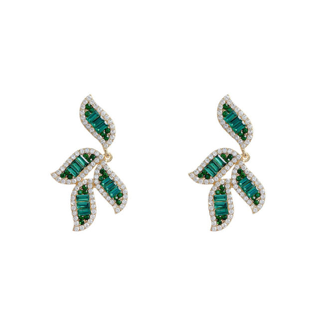 925 silver needle green zircon leaves dangling earrings