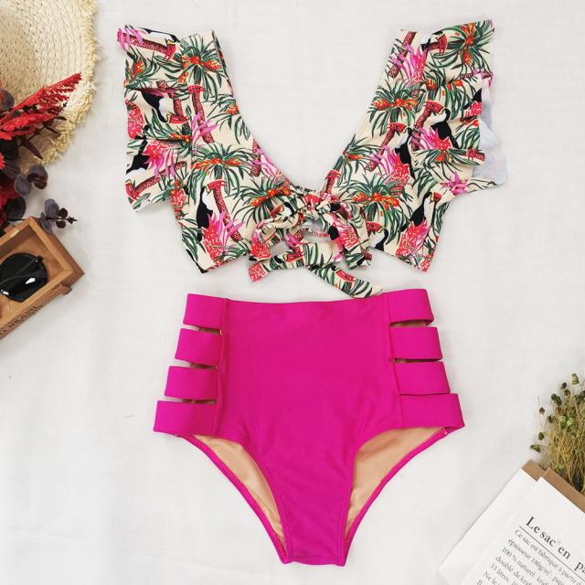 Color print flounced high waist swimsuit