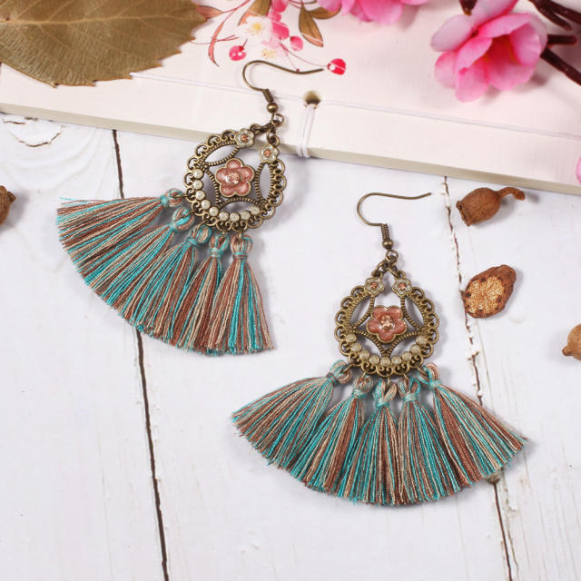 Retro thread hoop tassel earrings