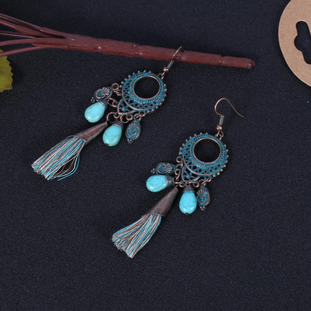 Retro turquoise thread tassel earrings