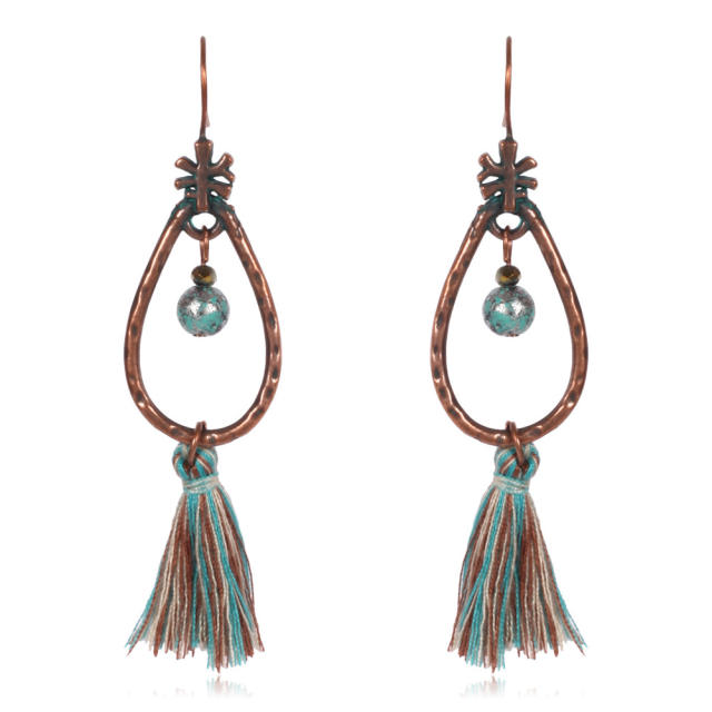 Bohemian style retro thread hoop tassel earrings