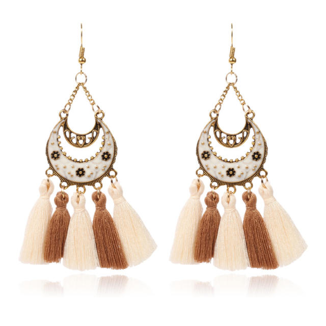 Retro thread hoop tassel earrings