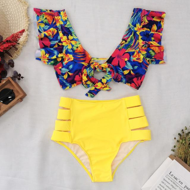 Color print flounced high waist swimsuit