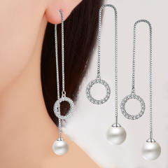 Cubic zirconia circle Pearl diamond threader earrings
