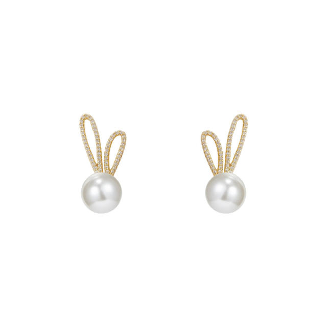 925 silver needle pearl zircon rabbit ear studs earrings