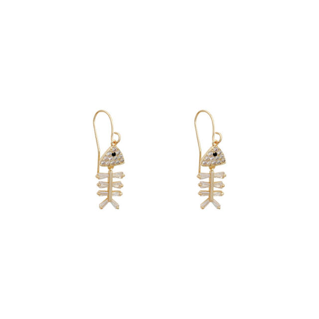 925 silver needle zircon fishbone dangling earrings