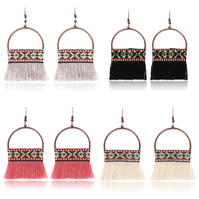 Bohemian style retro thread hoop tassel earrings