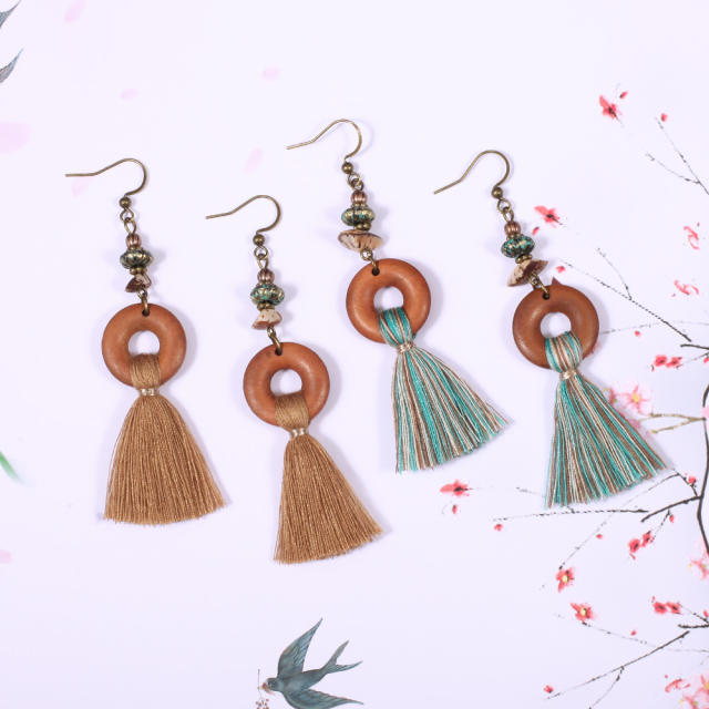 Retro hoop thread tassel earrings