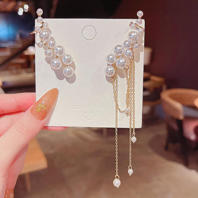 925 silver needle irregular pearl chain tassel earrings