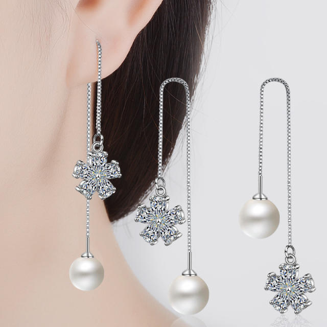 Pearl Flower cubic zirconia diamond threader earrings