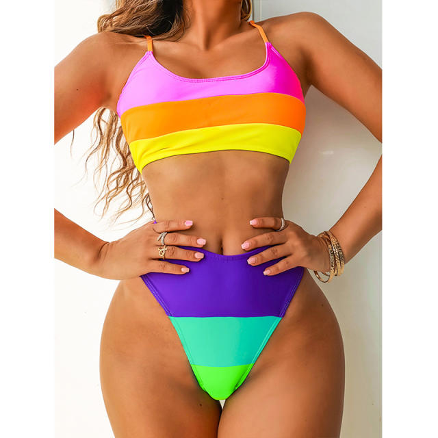 Rainbow color high waist swimsuit
