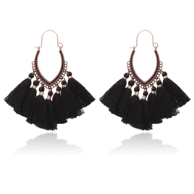 Retro thread hoop tassel earrings