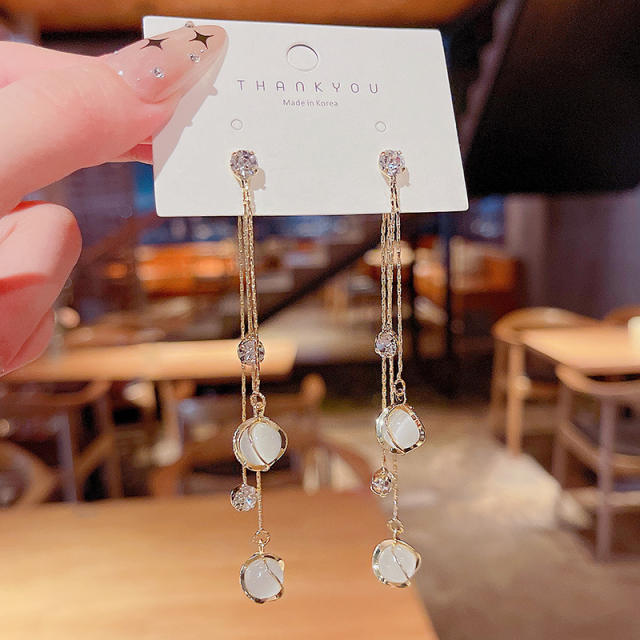 925 silver needle opal zircon tassel earrings