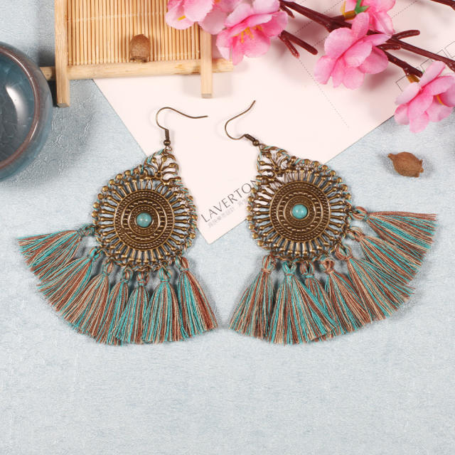 Bohemian style retro thread hoop tassel earrings