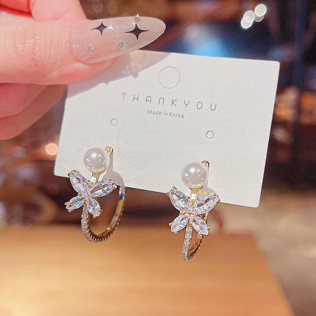 925 silver needle zircon butterfly pearl hoop earrings