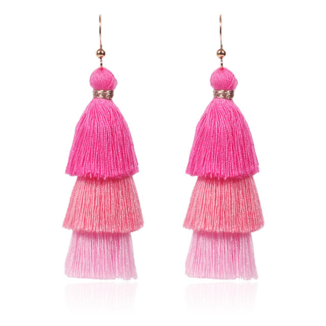 Three layers colorful thread tassel earrings