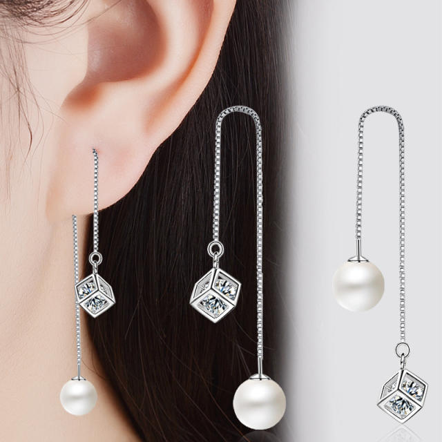 Square cubic zirconia Pearl threader earrings