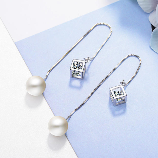 Square cubic zirconia Pearl threader earrings