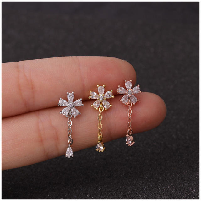 Stainless steel copper zircon chain tassel studs cartilage earrings