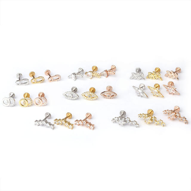 Stainless steel copper zircon studs cartilage earrings