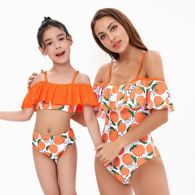 Orange color cute mommy and kids swimwear