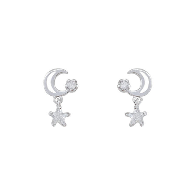 925 silver needle star moon zircon dangling earrings