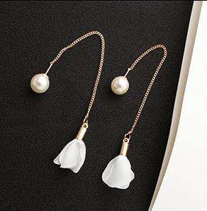 Pearl cloth flowers threader earrings