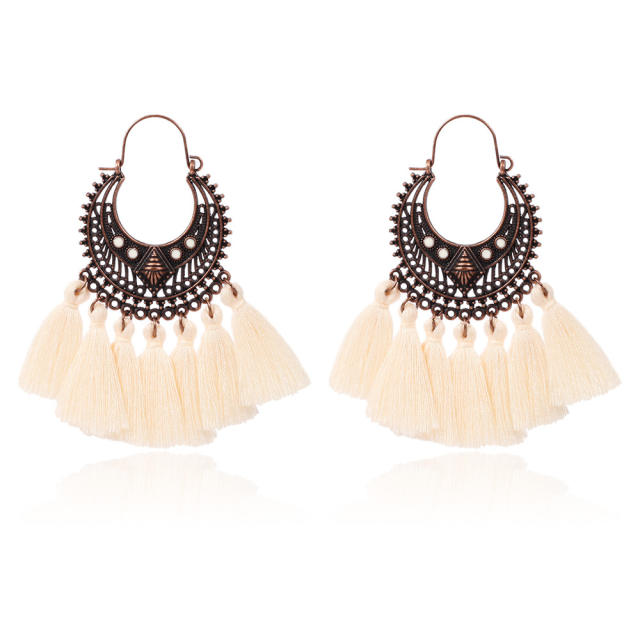 Retro thread hoop tassel earrings