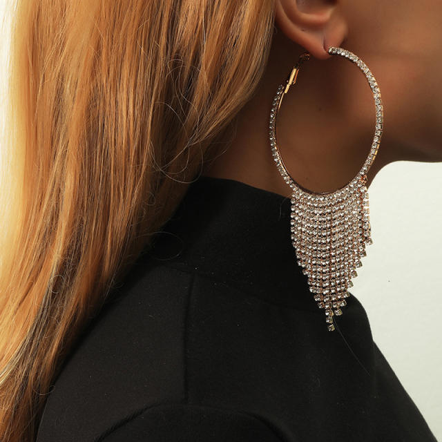 Diamond hoop chain tassel earrings