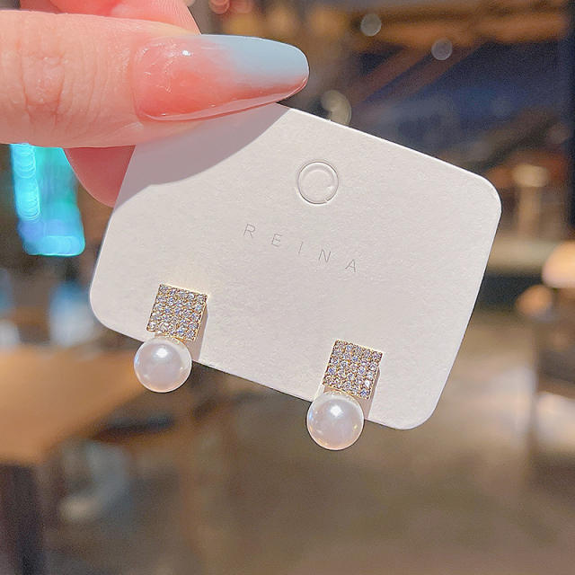 925 silver needle square zircon pearl studs earrings