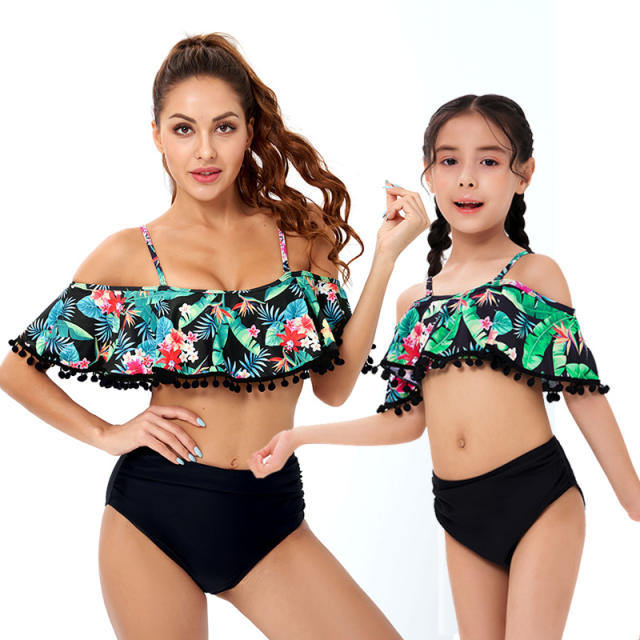 Floral high waist mommy and baby swimsuit