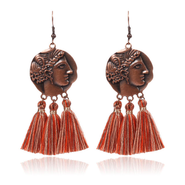 Retro human head thread hoop tassel earrings