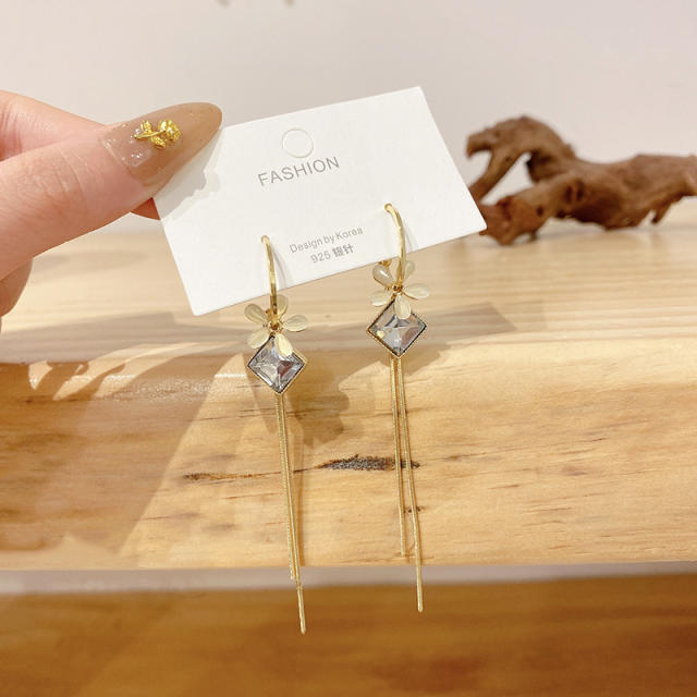 925 silver needle opal flower zircon tassel earrings