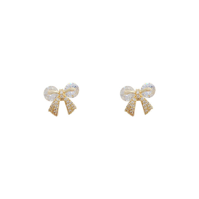 925 silver needle zircon bow studs earrings