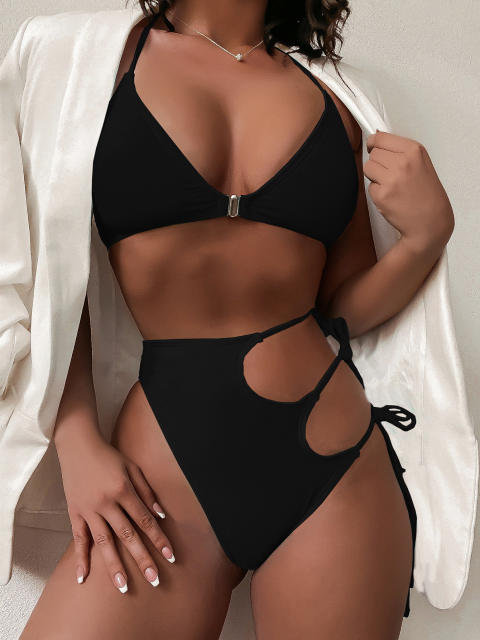 Black color two piece high waist swimsuit
