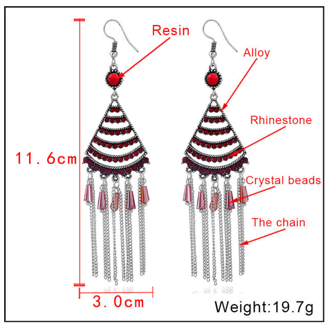 Diamond-encrusted triangle chain tassel earrings