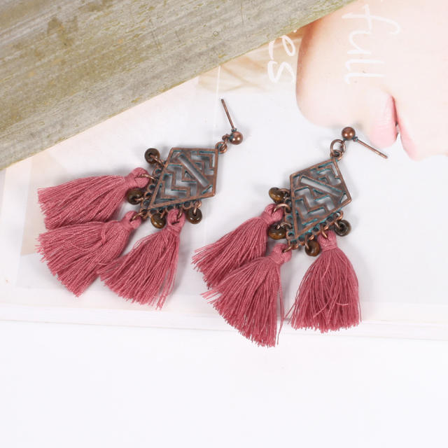 Bohemian style retro hollowed out thread hoop tassel earrings