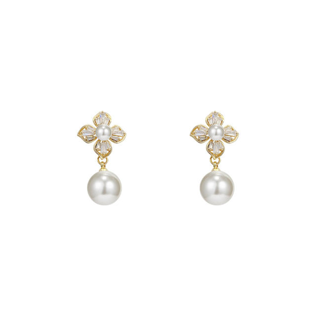 925 silver needle zircon flower pearl dangling earrings