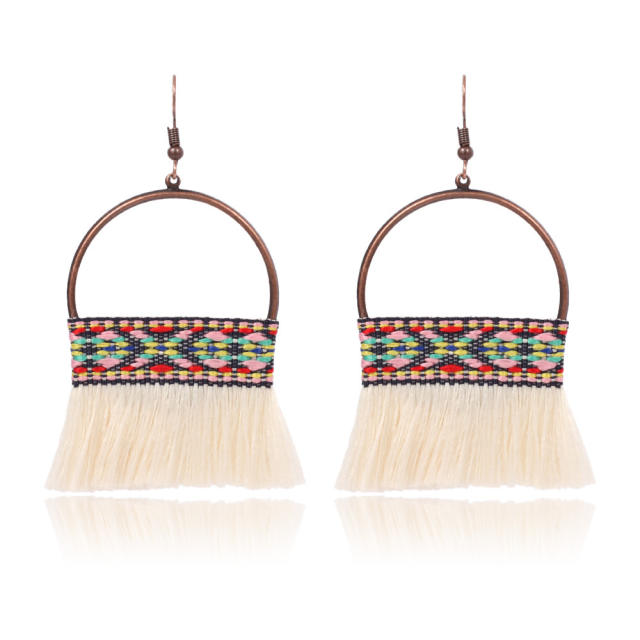 Bohemian style retro thread hoop tassel earrings