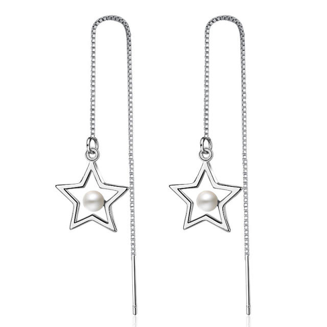 pearl five-pointed star threader earrings